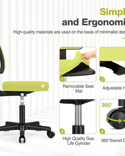 Home Office Chair Mesh Armless Computer Desk Chair Ergonomic Task Rolling Swivel Chair Adjustable Modern Chair with Lumbar Support, Green - LeafyLoom