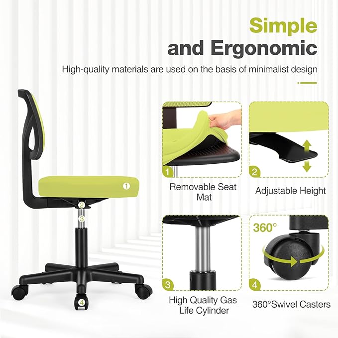 Home Office Chair Mesh Armless Computer Desk Chair Ergonomic Task Rolling Swivel Chair Adjustable Modern Chair with Lumbar Support, Green - LeafyLoom