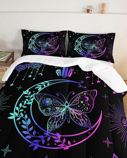 HOSIMA Butterfly Comforter Set 3Piece with 2 Pillowcases,Black Comforter Butterfly Aesthetics Room Decor,Boho Mandala Comforter Butterfly Bedding Set for Girls,Bohemian Queen Comforter Set. - LeafyLoom