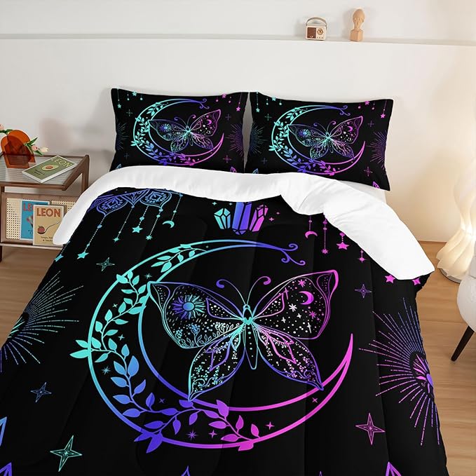 HOSIMA Butterfly Comforter Set 3Piece with 2 Pillowcases,Black Comforter Butterfly Aesthetics Room Decor,Boho Mandala Comforter Butterfly Bedding Set for Girls,Bohemian Queen Comforter Set. - LeafyLoom