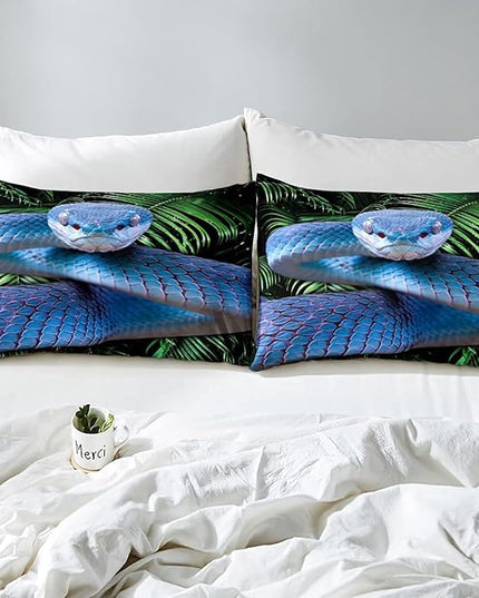 Erosebridal Snake Comforter Set Twin, Blue Snake Duvet Set, 3D Reptile Bedding Comforters, Blue Scales Quilt Set, Palm Leaf Wild Animal Stylish Quilted Duvet for Kids Boys Teens Man Bedroom Decor - LeafyLoom
