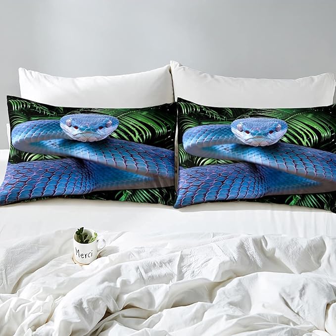 Erosebridal Snake Comforter Set Twin, Blue Snake Duvet Set, 3D Reptile Bedding Comforters, Blue Scales Quilt Set, Palm Leaf Wild Animal Stylish Quilted Duvet for Kids Boys Teens Man Bedroom Decor - LeafyLoom
