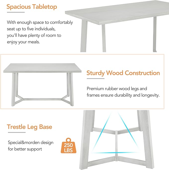 6-Piece Wood Dining Table Set with 4 PU Upholstered Chairs and Bench, Large Tabletop, for Kitchen Living Room, Farmhouse Style, Gray, 59" L x 35.4" W x 30" H - LeafyLoom