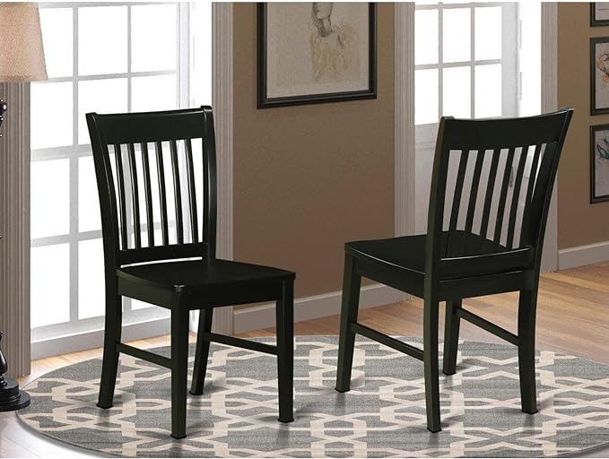East West Furniture Norfolk Dining Slat Back Wood Seat Kitchen Chairs, Set of 2, Black - LeafyLoom