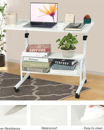 Small Desks Portable Laptop Computer Desk for Small Spaces Adjustable Desk Standing Desk for Bedrooms Couch Desk for Home Office Table Mobile Rolling Desk on Wheels White Desk with Storage - LeafyLoom