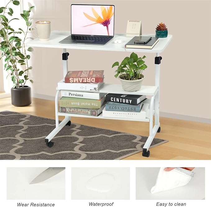 Small Desks Portable Laptop Computer Desk for Small Spaces Adjustable Desk Standing Desk for Bedrooms Couch Desk for Home Office Table Mobile Rolling Desk on Wheels White Desk with Storage - LeafyLoom