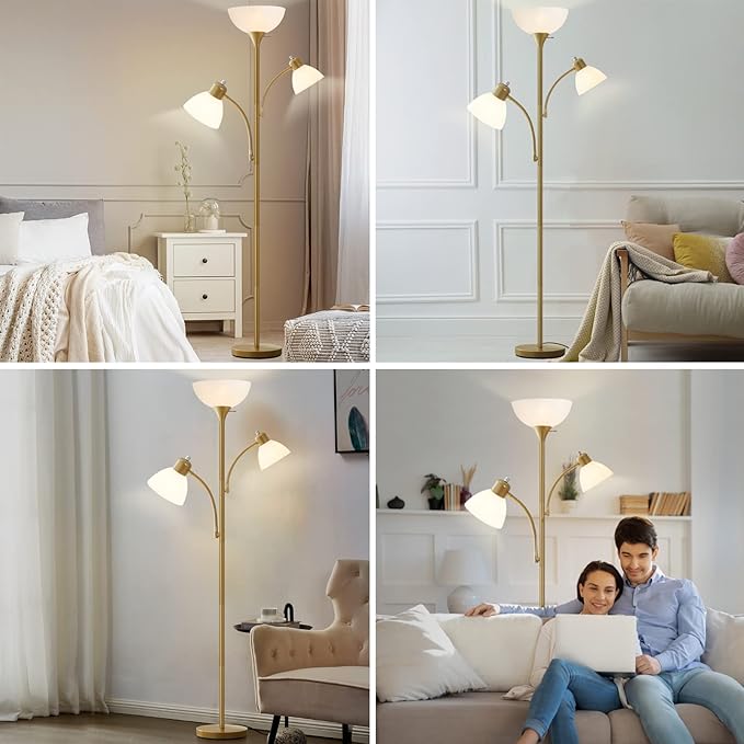 Luvkczc Torchiere Floor Lamps for Living Room, 3 Light Tree Floor Lamp, Gold Modern Tall Standing Lamps, Industrial Bright Floor Lamp for Bedroom, Office, Dresser, 3 LED Bulbs Included - LeafyLoom