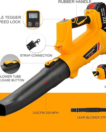 Cordless Leaf Blower - 320CFM 208MPH 21V Electric Handheld Leaf Blower with 5.2Ah Battery and Charger, 6 Variable Speed Leaf Sweeper for Leaves, Snow Debris, Dust, Yard Cleaning (Yellow) - LeafyLoom