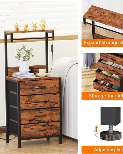Furnulem Tall Nightstands Set of 2, Night Stand with 4 Drawers and and shelves, Tall Bedside Table with Charging Station and LED Lights for Bedroom, Office, Dorm (Rustic Brown) - LeafyLoom