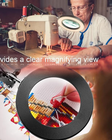 10X Magnifying Glass with Light, Krstlv Real Glass Lens Desk Lamp & Clamp, 3 Color Modes Stepless Dimmable, Hands Free LED Lighted Magnifier with Light and Stand for Reading Crafts Repair Close Works - LeafyLoom