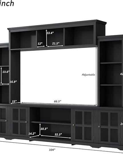 103Inch Entertainment Wall Unit with Bridge, Stand Media Console Table for TVs Up to 75" with Adjustable Shelves, Ample Storage Space for Living Room, Black - LeafyLoom