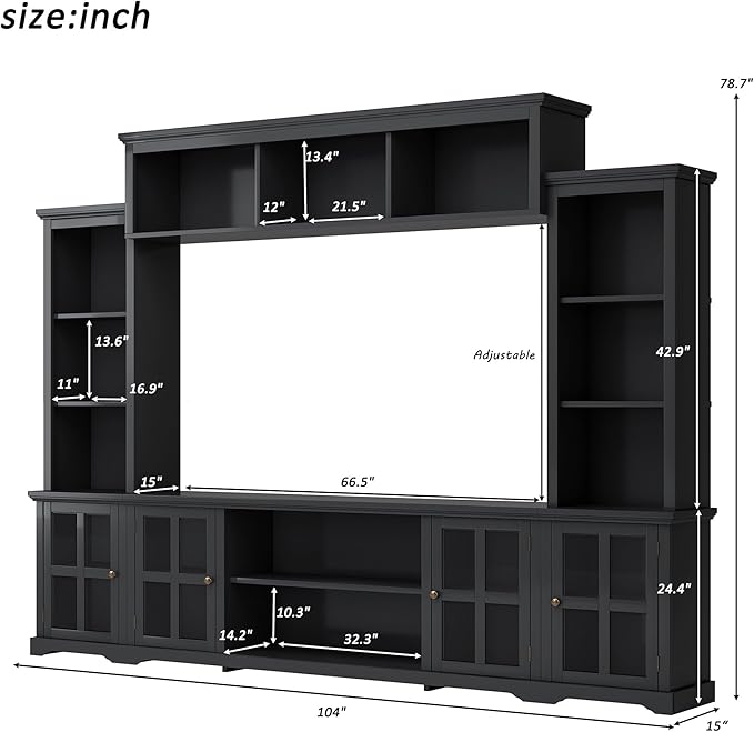 103Inch Entertainment Wall Unit with Bridge, Stand Media Console Table for TVs Up to 75" with Adjustable Shelves, Ample Storage Space for Living Room, Black - LeafyLoom