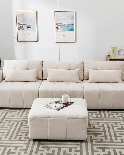 Oversized Sectional Sofa with USB Charging Port, Movable Ottoman & 2 Pillows, Extra Deep Seats & Button Tufted Backrest, 3-Seat L-Shaped Cloud Couch for Apartment, Living Room, Bedroom - LeafyLoom