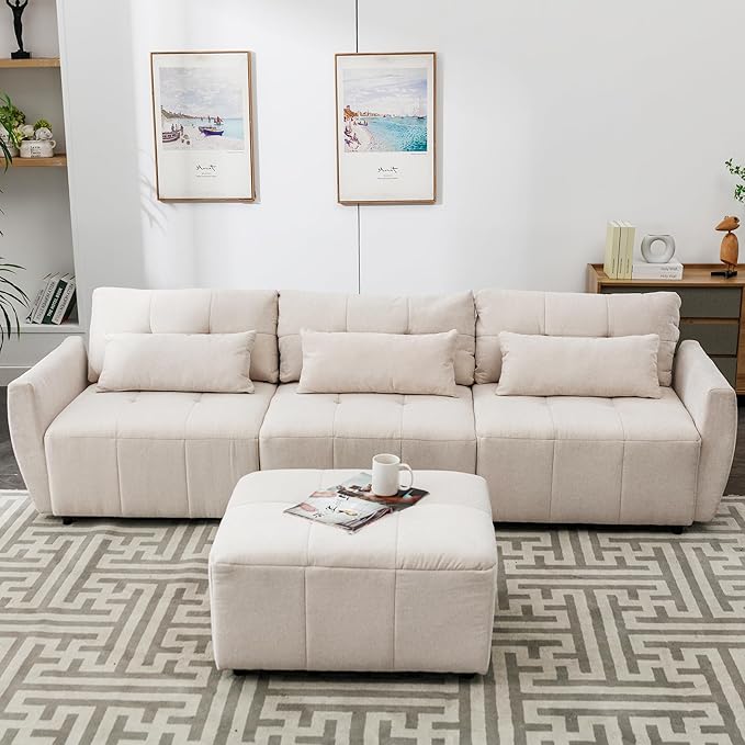 Oversized Sectional Sofa with USB Charging Port, Movable Ottoman & 2 Pillows, Extra Deep Seats & Button Tufted Backrest, 3-Seat L-Shaped Cloud Couch for Apartment, Living Room, Bedroom - LeafyLoom