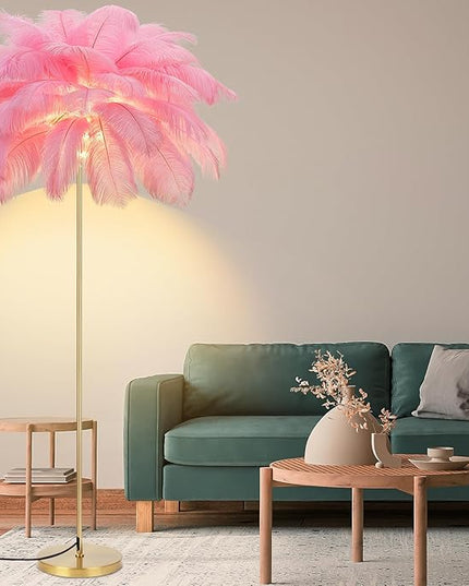 Feather Lamp, Natural Ostrich Feather Floor Lamp for Living Room, 63in Height, 3 Color Temperatures Bright LED Bulbs, Modern Funky Tall Lamp Standing Light for Bedroom (Pink) - LeafyLoom