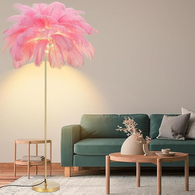 Feather Lamp, Natural Ostrich Feather Floor Lamp for Living Room, 63in Height, 3 Color Temperatures Bright LED Bulbs, Modern Funky Tall Lamp Standing Light for Bedroom (Pink) - LeafyLoom