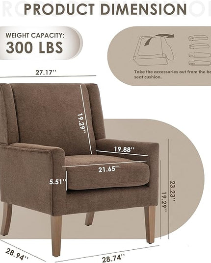 COLAMY Modern Wingback Living Room Chair, Upholstered Fabric Accent Armchair, Single Sofa chair with Lounge Seat and Wood Legs for Bedroom/Office/Reading Spaces, Brown - LeafyLoom