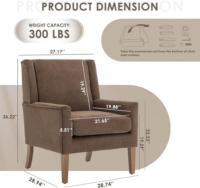 COLAMY Modern Wingback Living Room Chair, Upholstered Fabric Accent Armchair, Single Sofa chair with Lounge Seat and Wood Legs for Bedroom/Office/Reading Spaces, Brown - LeafyLoom