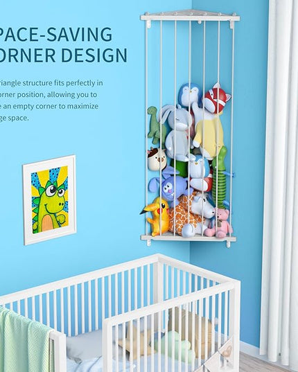 Stuffed Animal Storage Toy Organizer: Corner Stuff Animals Holder for Wall with Adjustable Length - Kids Plush Toys Storage for Nursery Playroom Bedroom Kids Room(Gray) - LeafyLoom