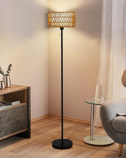 Rattan Floor Lamp for Living Room, Boho Standing Lamp with 3 Color Temperatures, Farmhouse Floor Lamp Wicker Lamp Double Shades, Bohemian Floor Lamps for Bedroom, Office(Black) - LeafyLoom