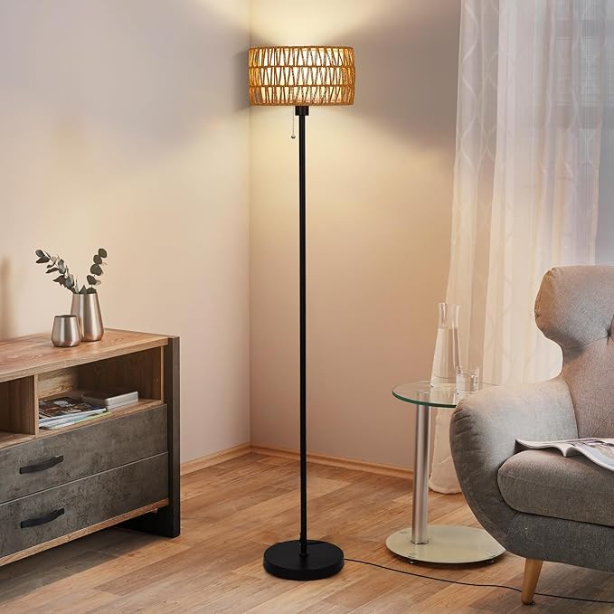 Rattan Floor Lamp for Living Room, Boho Standing Lamp with 3 Color Temperatures, Farmhouse Floor Lamp Wicker Lamp Double Shades, Bohemian Floor Lamps for Bedroom, Office(Black) - LeafyLoom