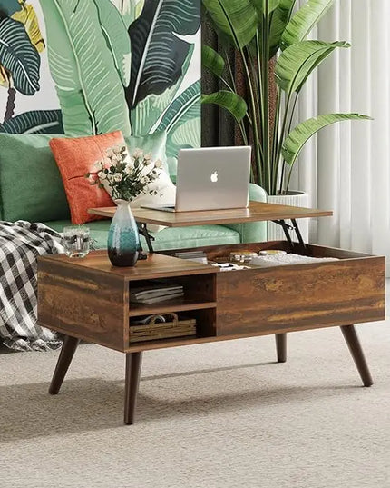 WLIVE Wood Lift Top Coffee Table with Hidden Compartment and Adjustable Storage Shelf, Lift Tabletop Dining Table for Home Living Room, Office, Rustic Oak - LeafyLoom
