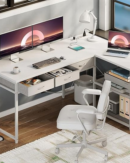 AODK 53 Inch L Shaped Computer Desk with Drawers, Corner Desk with Power Outlets & Reversible Storage Shelves, Movable CPU Stand for Home Office Gaming, White - LeafyLoom