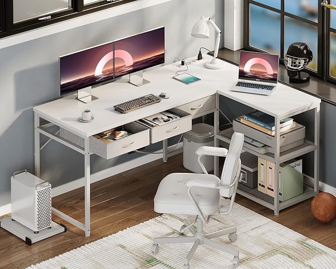 AODK 53 Inch L Shaped Computer Desk with Drawers, Corner Desk with Power Outlets & Reversible Storage Shelves, Movable CPU Stand for Home Office Gaming, White - LeafyLoom