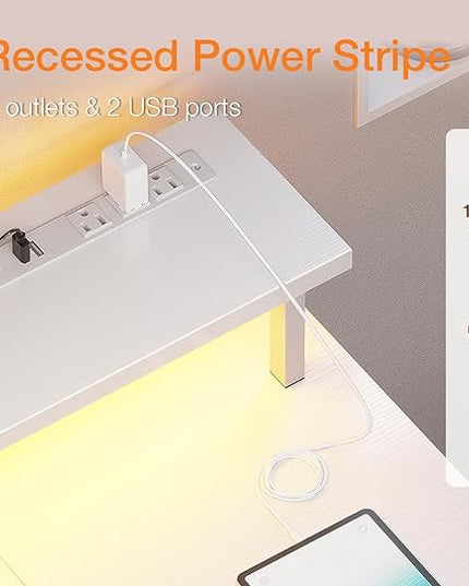 ODK 55 inch Gaming Desk with LED Lights & Power Outlets, Computer Desk with Monitor Stand & Storage Sheves, CPU Stand, Home Office Desk White - LeafyLoom