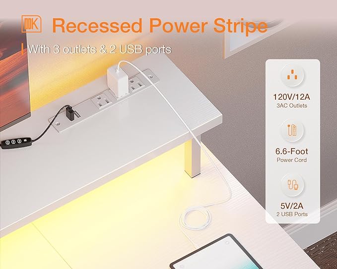 ODK 55 inch Gaming Desk with LED Lights & Power Outlets, Computer Desk with Monitor Stand & Storage Sheves, CPU Stand, Home Office Desk White - LeafyLoom