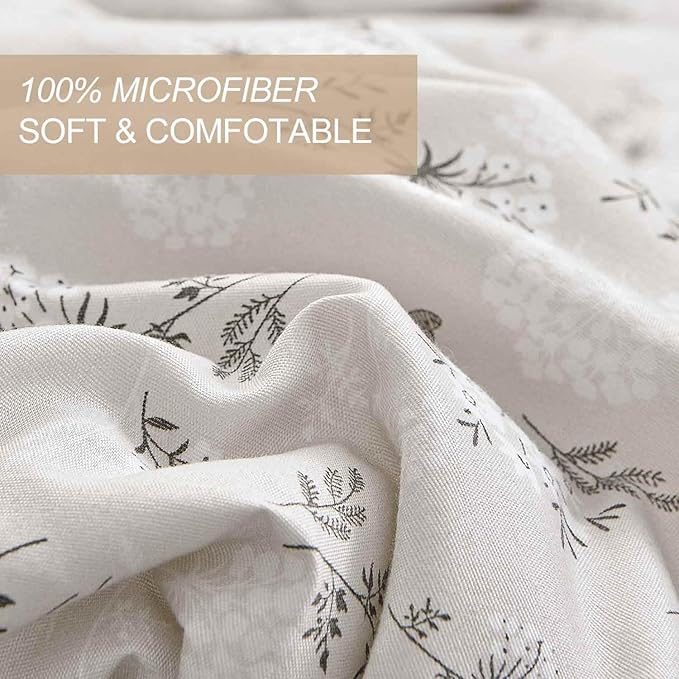 Nanko Beige Floral Comforter Set King Size 3 Pcs, Cream Tan Flower Print Pattern Soft Microfiber Down Alternative Duvet Insert, Farmhouse Bedding Sets Bed in a Bag for Women Men, 104 x 90 inch - LeafyLoom