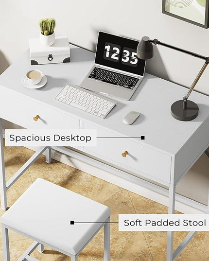 SUPERJARE 35.4" White Desk with 2 Drawers, Modern Makeup Vanity Desk with Padded Stool, Small Computer Desk Home Office Desk for Writing Study Bedroom - LeafyLoom