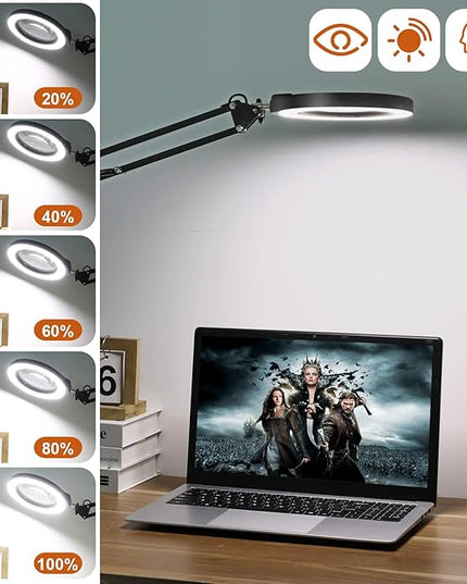 VEEMAGNI 5 Inch Large Magnifying Glass with Light and Stand, 5 Color Modes Stepless Dimmable, 2*16 Inch Swivel Arm LED Clamp Desk Lamp, Hands Free 10X Lighted Magnifier for Close Work Crafts Soldering - LeafyLoom