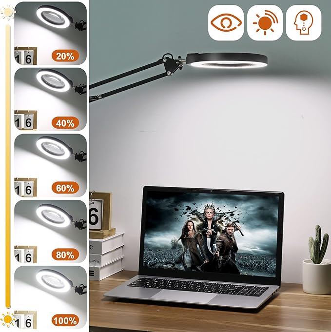 VEEMAGNI 5 Inch Large Magnifying Glass with Light and Stand, 5 Color Modes Stepless Dimmable, 2*16 Inch Swivel Arm LED Clamp Desk Lamp, Hands Free 10X Lighted Magnifier for Close Work Crafts Soldering - LeafyLoom