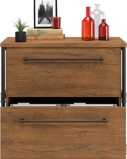 Sauder Iron City Lateral File, L: 31.50" x W: 20.00" x H: 30.00", Checked Oak Finish - LeafyLoom