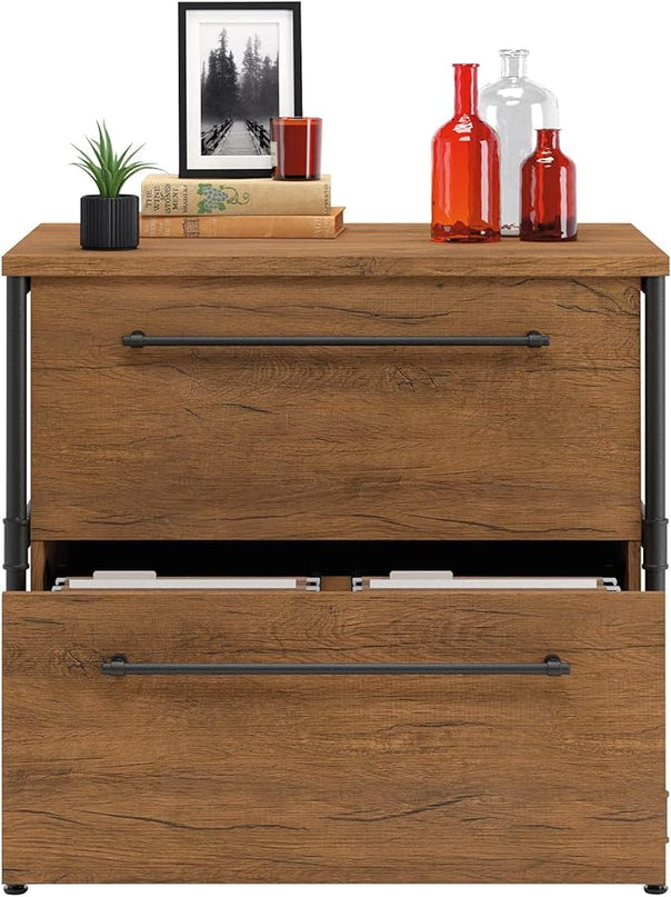 Sauder Iron City Lateral File, L: 31.50" x W: 20.00" x H: 30.00", Checked Oak Finish - LeafyLoom