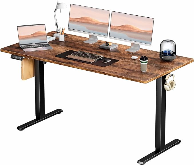 SMUG Electric Standing Desk, 63 x 24 Inch, Modern Style, Adjustable Height, 154 lbs Capacity, with Memory Presets, for Home Office, Rustic Brown - LeafyLoom
