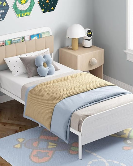 Timy Kids Twin Bed Frame with Bookcase Headboard, Metal Platform Bed Frame with Upholstered Headboard for Boys Girls Teens Adults, No Box Spring Needed, White - LeafyLoom