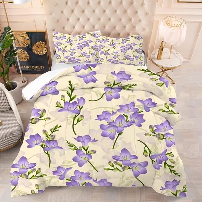 kxry Purple Flower Comforter Sets Bedding Sets Full Size Comforter Set for Girls Women Kids 1 Comforter + 2 Pillow Case - LeafyLoom
