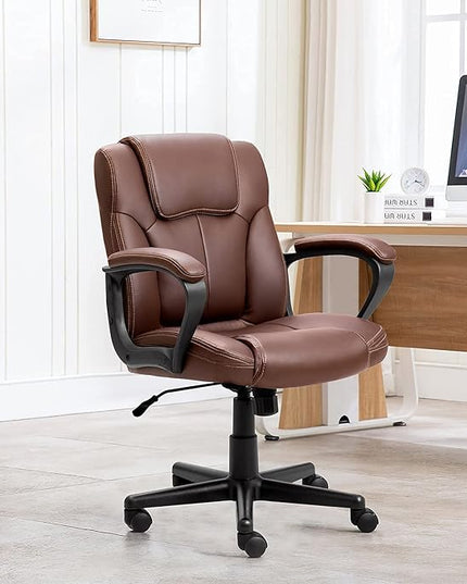 Executive Office Chair Swivel Task Seat with Ergonomic Mid-Back, Waist Support, PU Leather, 18D x 19W x 41H in, Brown - LeafyLoom