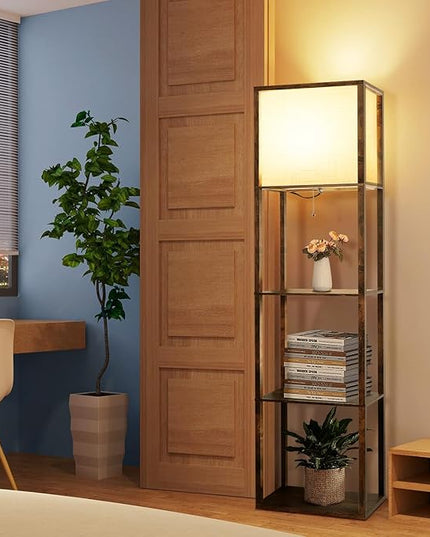 Floor Lamp with Shelves Plus, 4-Tier Modern 2700 4000K 5000K Brown Shelf Floor Lamp, Display Lamp for Living Room Bedroom Office 15W LED Bulb. - LeafyLoom