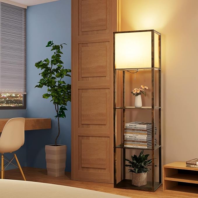 Floor Lamp with Shelves Plus, 4-Tier Modern 2700 4000K 5000K Brown Shelf Floor Lamp, Display Lamp for Living Room Bedroom Office 15W LED Bulb. - LeafyLoom