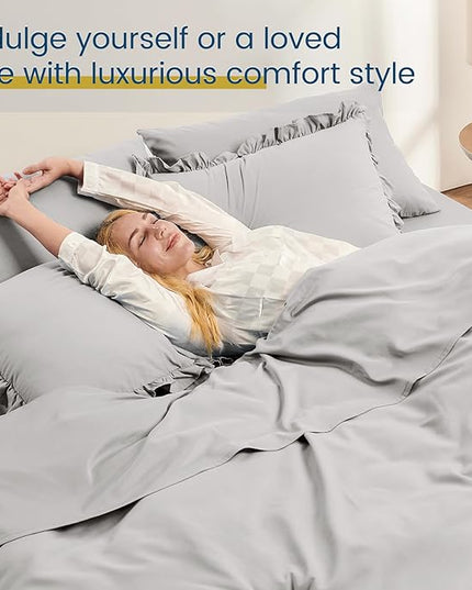 Twin Bed in a Bag 5 Pieces Comforter Set Twin, Ruffle Shabby Chic Bedding Comforter Set Light Grey Bed Set with Comforter, Pillowcase, Flat Sheet, Fitted Sheet and Pillow Sham - LeafyLoom