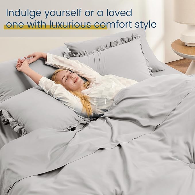 Twin Bed in a Bag 5 Pieces Comforter Set Twin, Ruffle Shabby Chic Bedding Comforter Set Light Grey Bed Set with Comforter, Pillowcase, Flat Sheet, Fitted Sheet and Pillow Sham - LeafyLoom