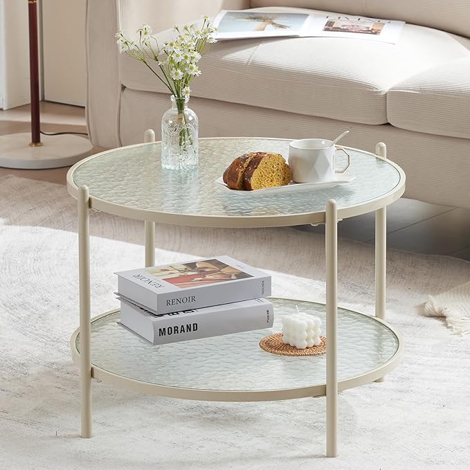 VINGLI 25.6" Small Cream White Round Coffee Table Water-wave Glass Circle Clear Coffee Table, Center Table with 2-Tier Modern Storage Design for Living Room, Bedroom, Meeting Room, Balcony, Beige - LeafyLoom