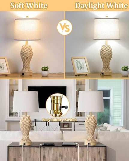 TOBUSA Rattan Table lamps for Bedroom Set of 2, 26.5inch Woven Bedside Lamps with USB C+A, Farmhouse Table Lamps for Nightstand, Coastal Seagrass Lamps for Living Room, End Table (E26 Bulbs Included) - LeafyLoom