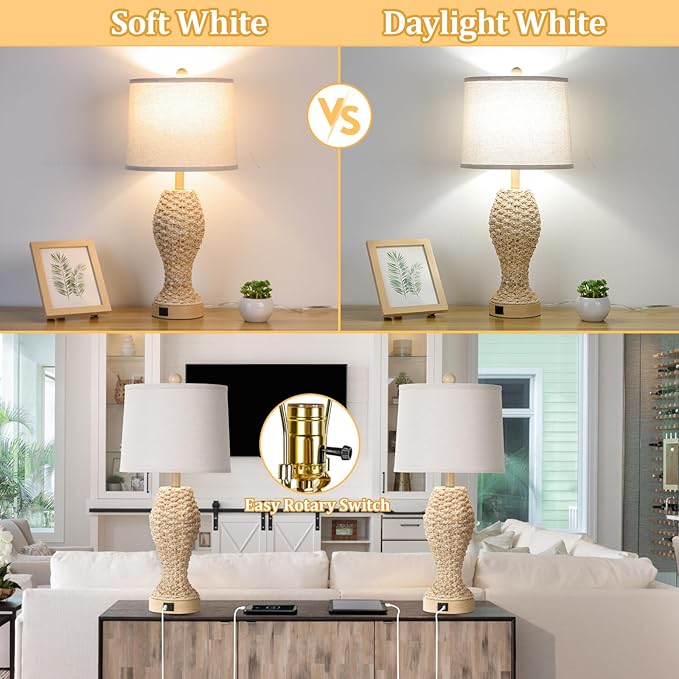 TOBUSA Rattan Table lamps for Bedroom Set of 2, 26.5inch Woven Bedside Lamps with USB C+A, Farmhouse Table Lamps for Nightstand, Coastal Seagrass Lamps for Living Room, End Table (E26 Bulbs Included) - LeafyLoom