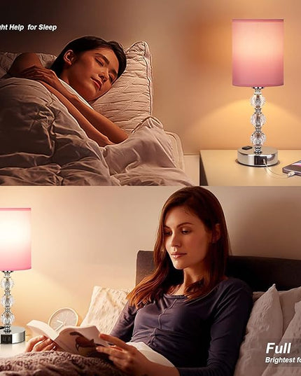 Pink Touch Bedside Lamps for Bedrooms - Crystal Table Lamp with USB C+A Charging Port and AC Outlet Nightstand, 3 Way Dimmable Silver Small End Side Table Lamp for Living/Guest/Dinning Room/Kitchen - LeafyLoom