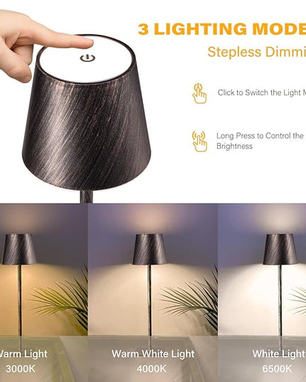 2 Pack Cordless Table Lamps, 3 Colors Stepless Dimming, 5000mAh Rechargeable Battery LED Desk Lamp for Bedroom/Couple Dinner/Desk/Cafe/Dining Room/Terrace(Antique Copper) - LeafyLoom