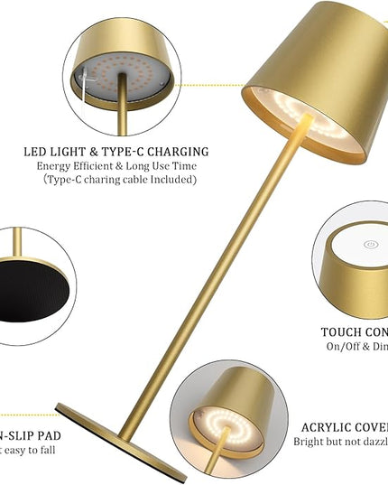 2 Pack Dimmable Table Lamp 3000k Warm White, IP54 Wireless Bottle Lamp for Indoor and Outdoor, 5000 mAh Rechargeable Table Lamp for Family, Restaurant & Bar(Gold) - LeafyLoom